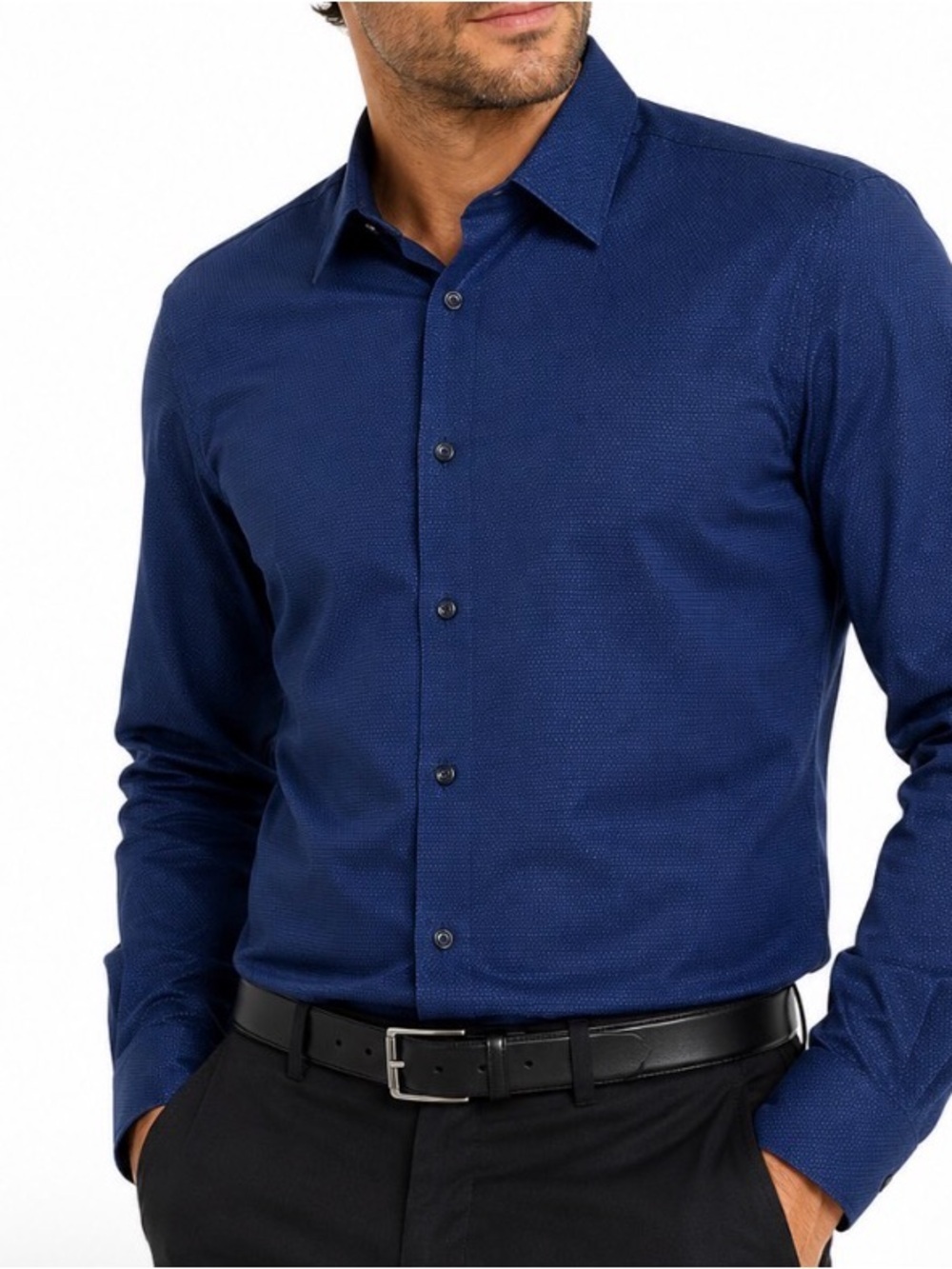 Hugo BOSS Men's Deep Blue Textured Dress Shirt SZ 46/18 Slim fit